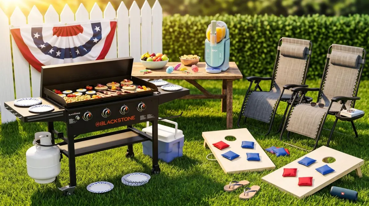 Retail displays feature discounted outdoor equipment and summer decorative merchandise.