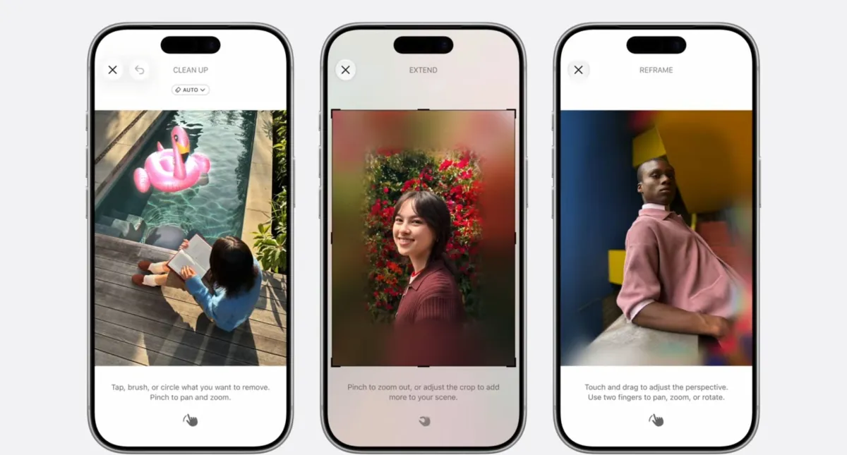 Smartphone screen showing the Apple Photos app interface with new AI editing tools for spatial reframing and extending.