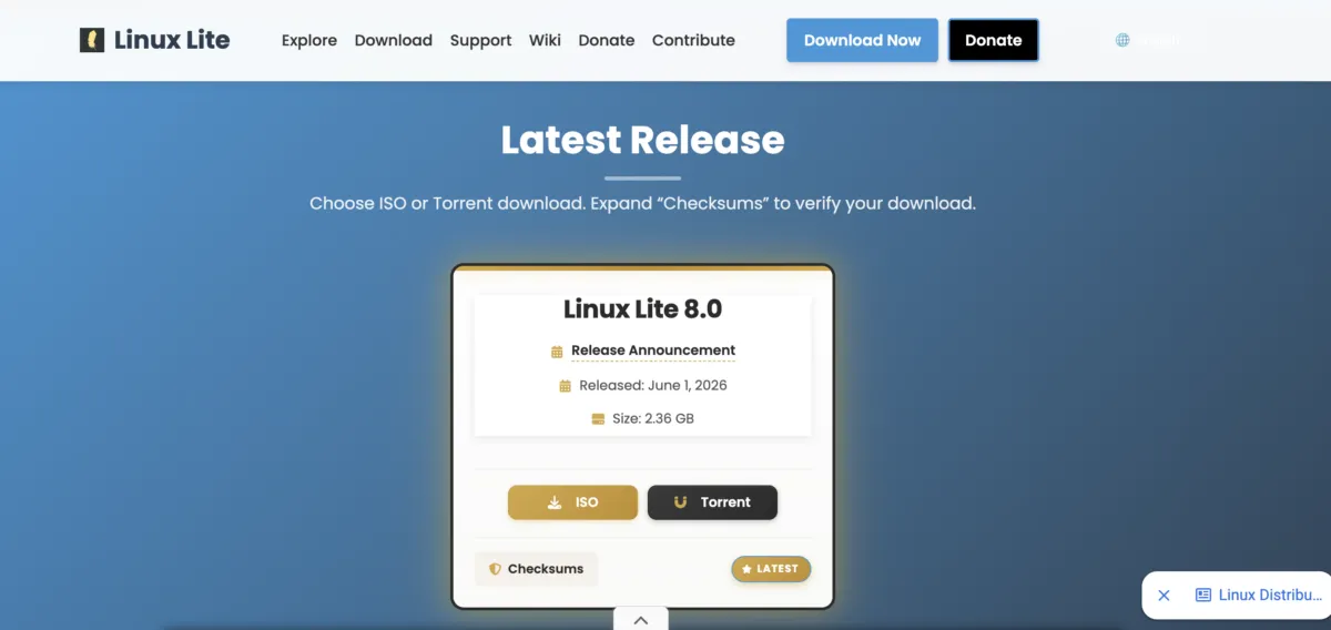 The Linux Lite 8.0 desktop displays the Xfce 4.20 interface alongside the default Firefox browser.