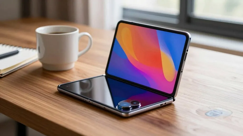 Foldable smartphone with a visible hinge mechanism and a flexible screen displaying a multitasking interface.