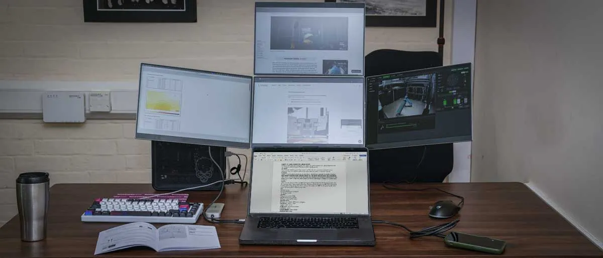 The Lepow 16-inch quad monitor displays four connected panels alongside its carrying case.