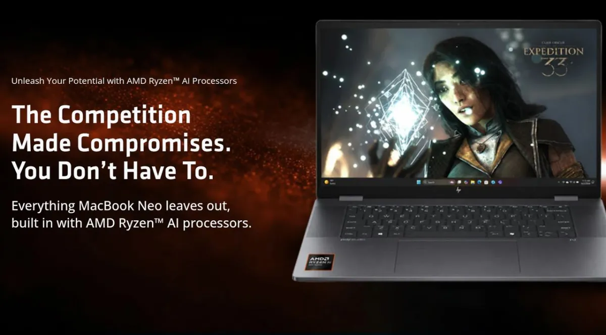 This chart compares native game support and hardware specifications between the MacBook Neo and a budget Windows laptop.