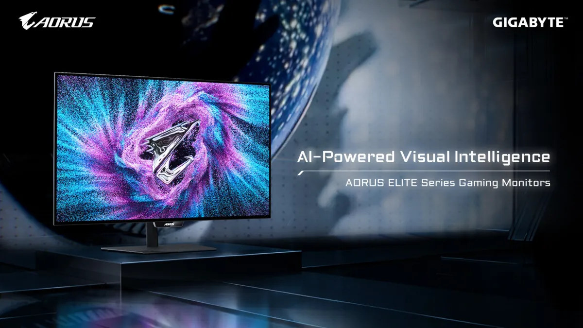 Gigabyte AORUS ELITE monitor highlighting AI processing and OLED protection features.