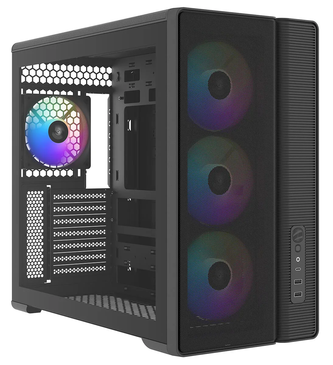The SAMA S50 ATX mid-tower case features a tempered glass side panel and high-density mesh ventilation.