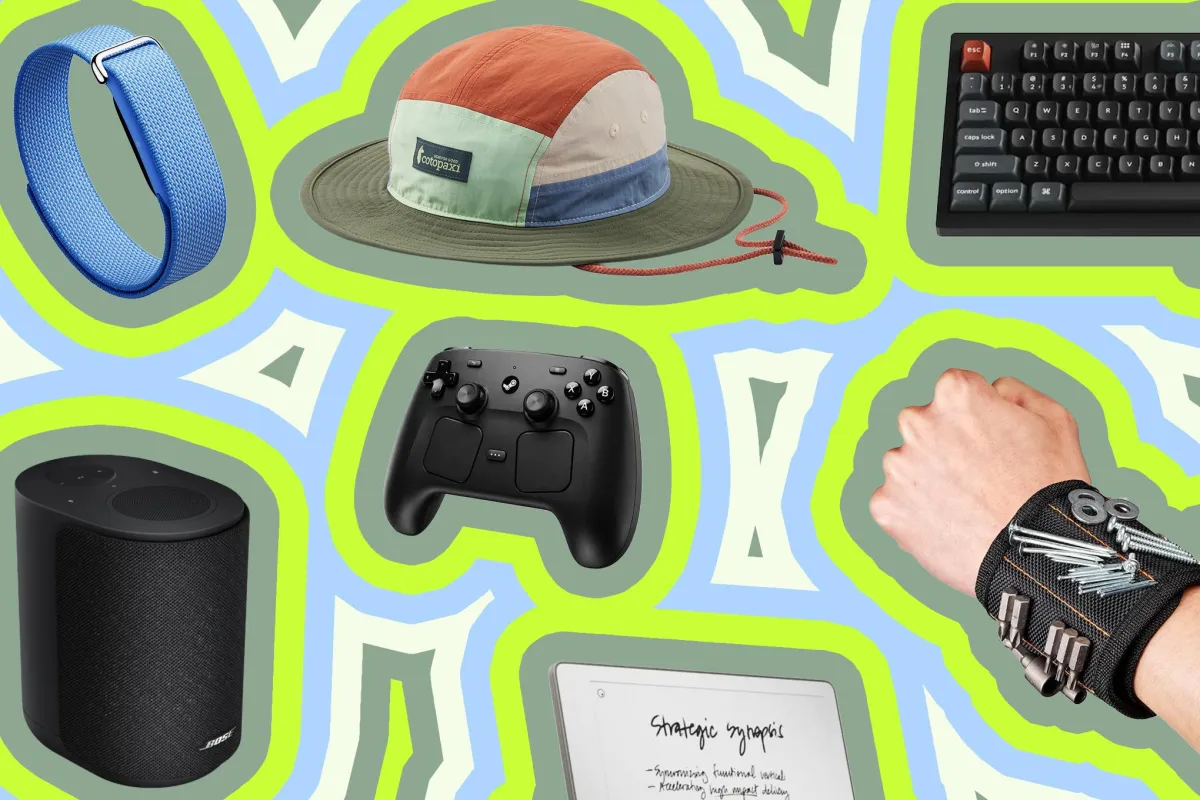 The photograph displays a curated collection of practical tools and gadgets for modern fathers.