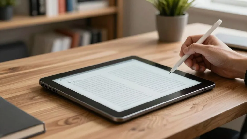 A remote worker uses a reflective e-ink tablet for distraction-free reading and note-taking.