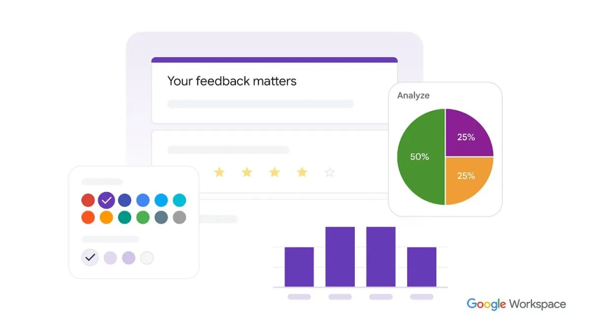 The screen displays Gemini AI generating survey questions and analyzing open text responses.