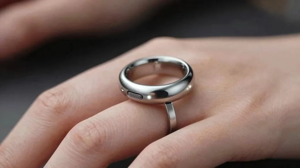A minimalist smart ring rests on a finger. The device features a compact design for health tracking and connectivity.