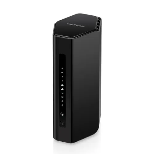 A wireless router and modem combo unit displays external antennas and multiple network ports.