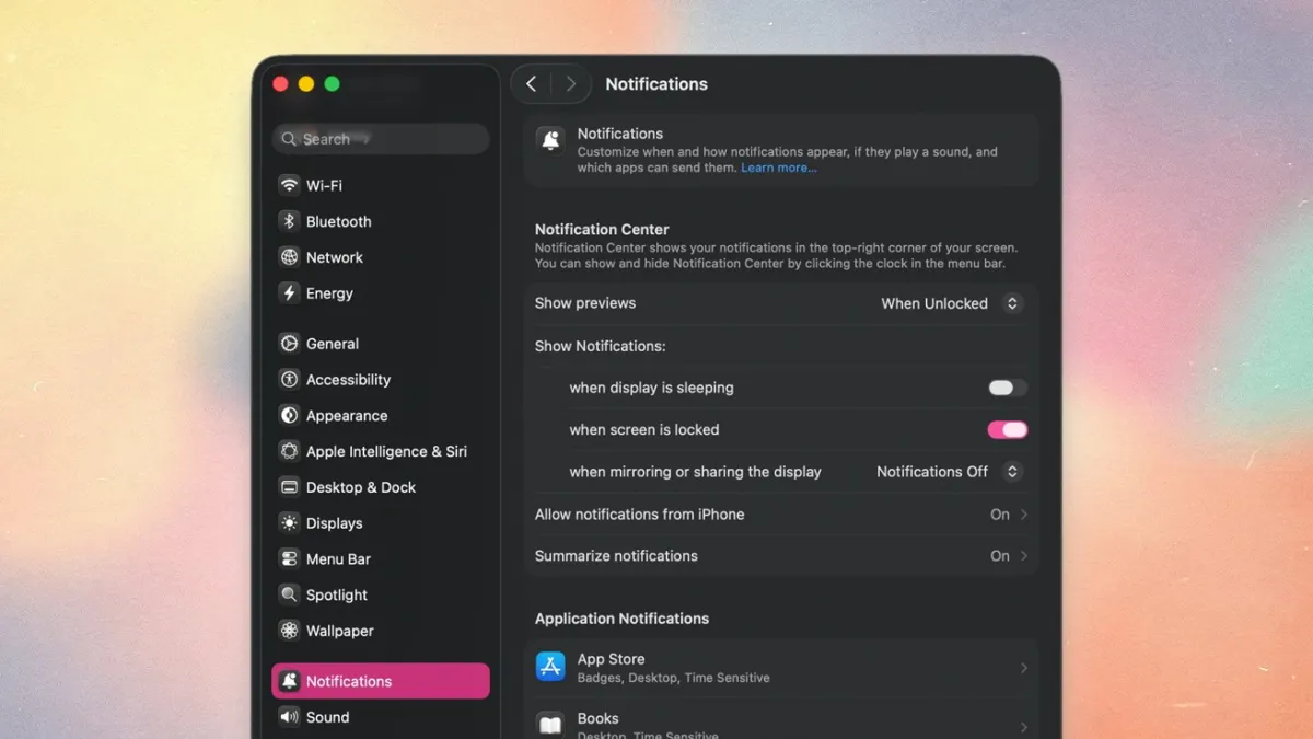 The macOS Tahoe 26 notification settings window displays app permission toggles and focus mode options.