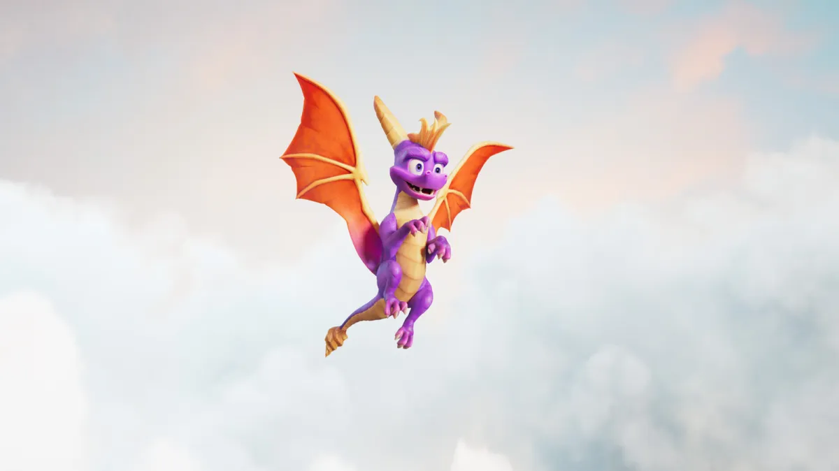 Spyro navigates a sprawling 3D landscape featuring fluid aerial and ground traversal.