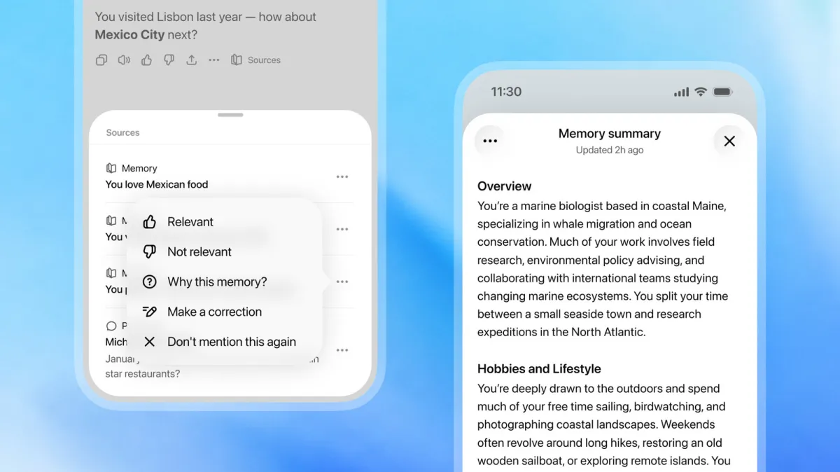 The updated ChatGPT interface displays enhanced memory architecture settings for improved context retention.