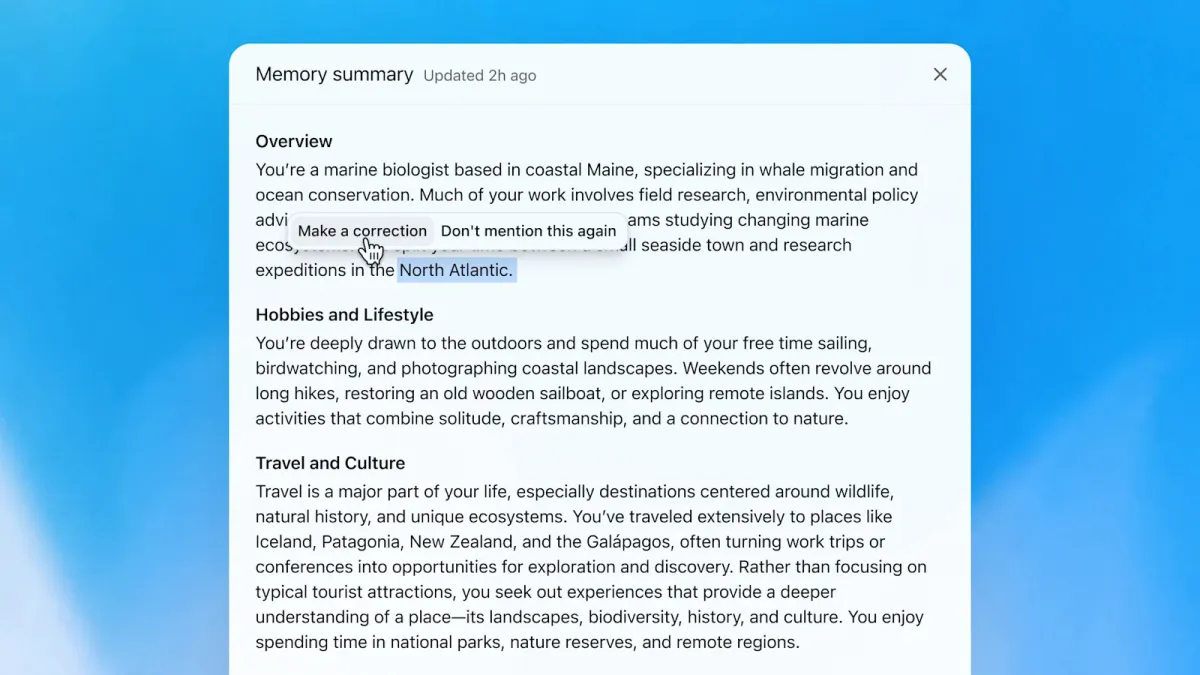 Automated context synthesis interface showing ChatGPT generating and managing memory summaries.