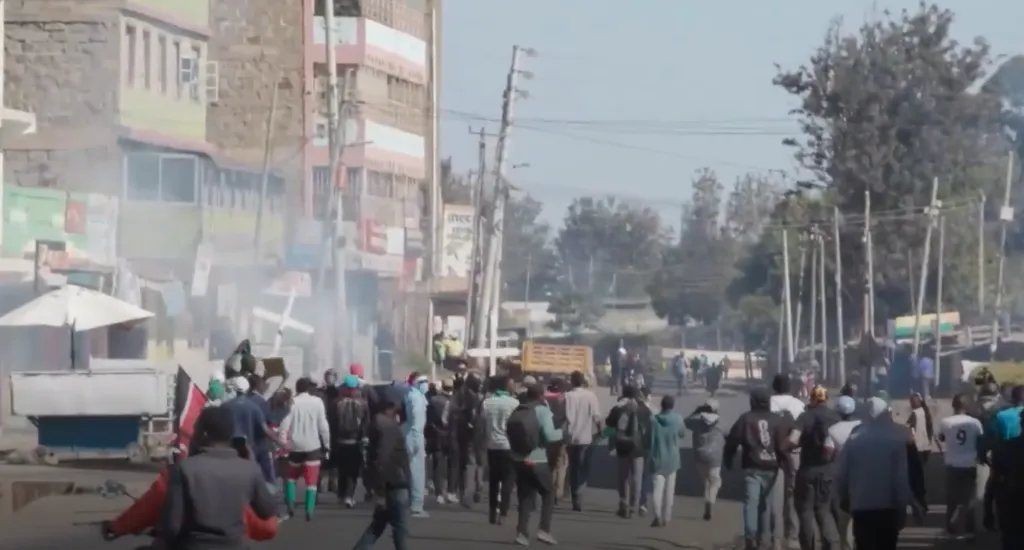 Protesters gather to demonstrate against the planned US Ebola quarantine center in Nanyuki, Kenya.