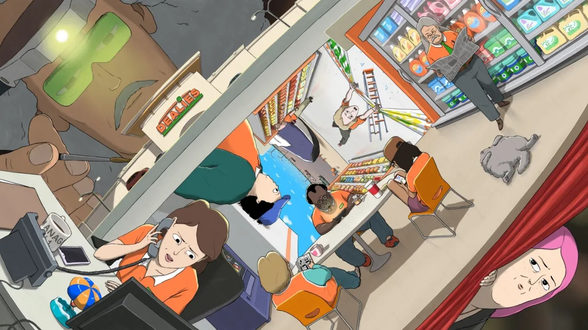 Promotional artwork for the animated series Dealies depicts retail employees working inside a large big-box store.