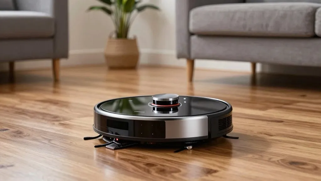 A robotic vacuum and mop combo navigates a hardwood floor.