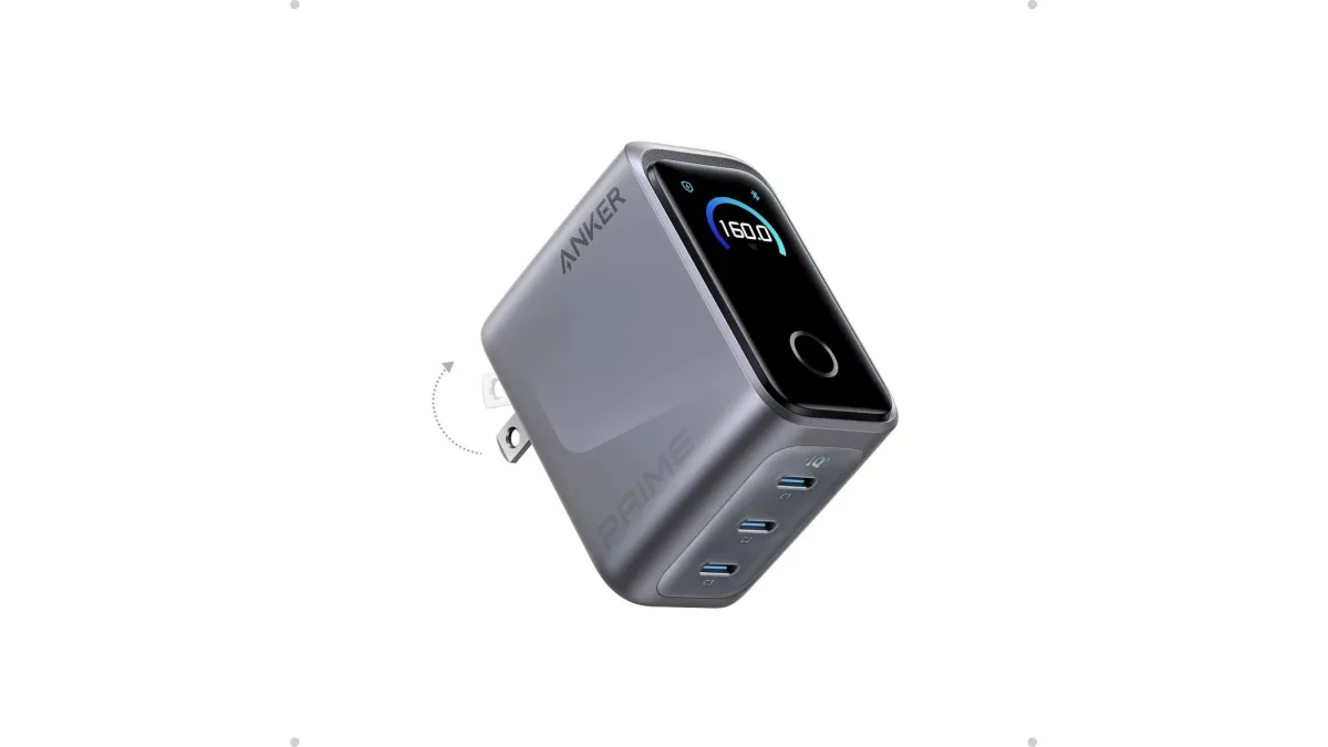 The Anker Prime 160W charger has three USB-C ports and is roughly the size of an AirPods Pro case.