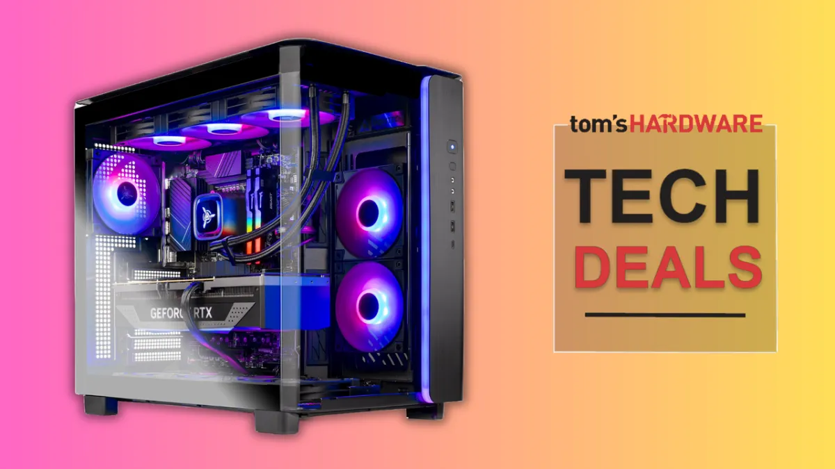 The Skytech Gaming desktop features an RTX 5060 Ti graphics card and a Ryzen 7 7800X3D processor.