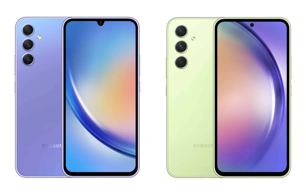 The Samsung Galaxy A34 smartphone displays the One UI 8.5 update interface.