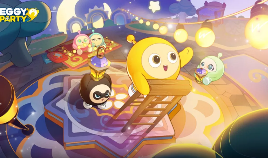 Eggy Party Windows interface displaying character selection and cross-platform account synchronization menu