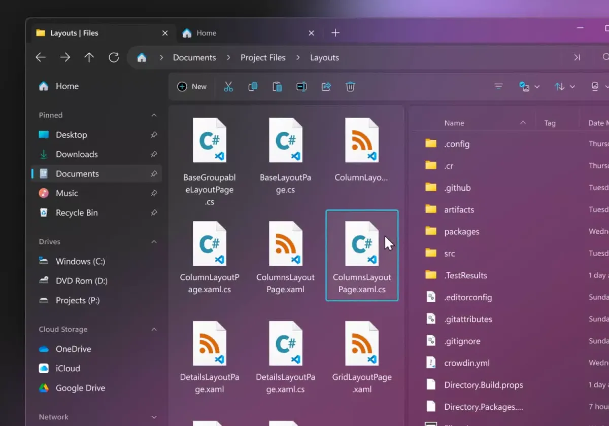 The Files app interface demonstrates the new on-demand folder size scanning feature alongside dual pane layouts.
