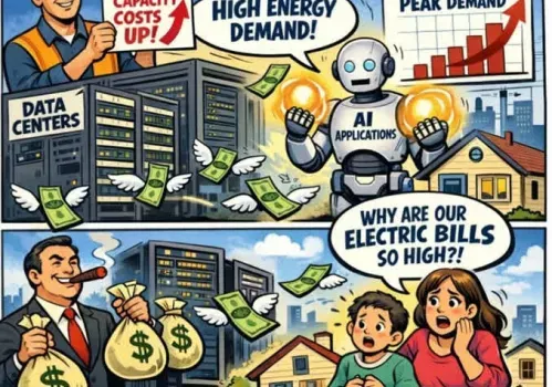 Graphic depicting artificial intelligence targeting American data centers