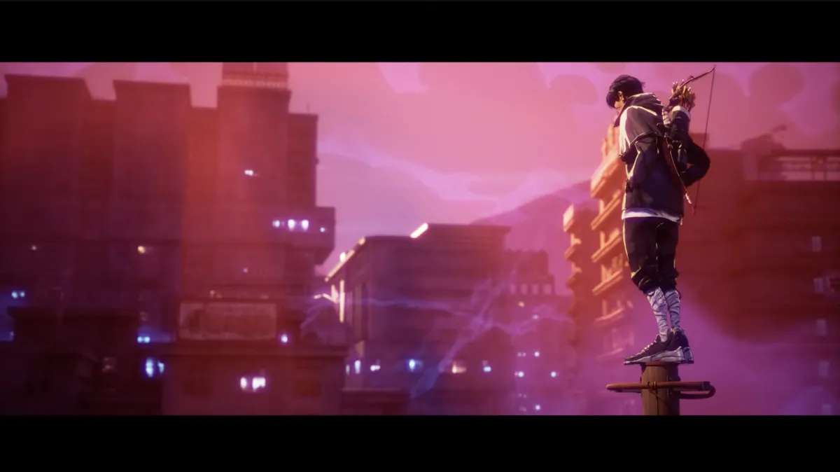 Protagonist traversing a cyberpunk cityscape while battling yokai with fashion-based combat mechanics