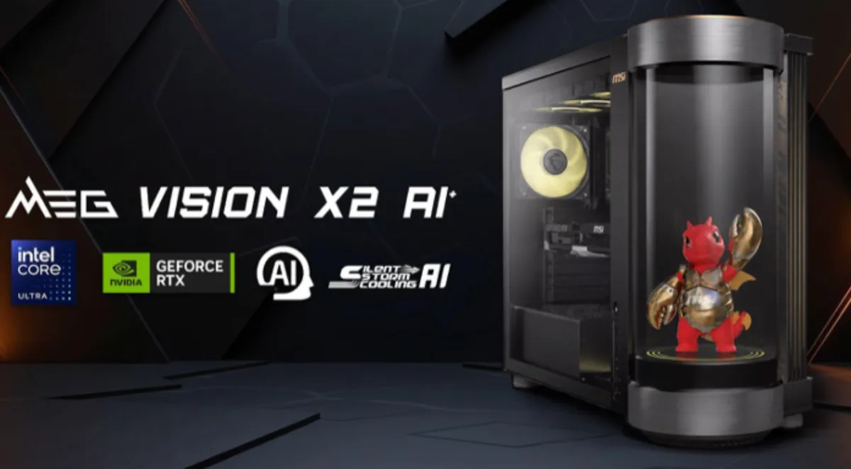 The MSI MEG Vision X2 desktop displays the AI Holostage with an animated dragon avatar for hands-free control.
