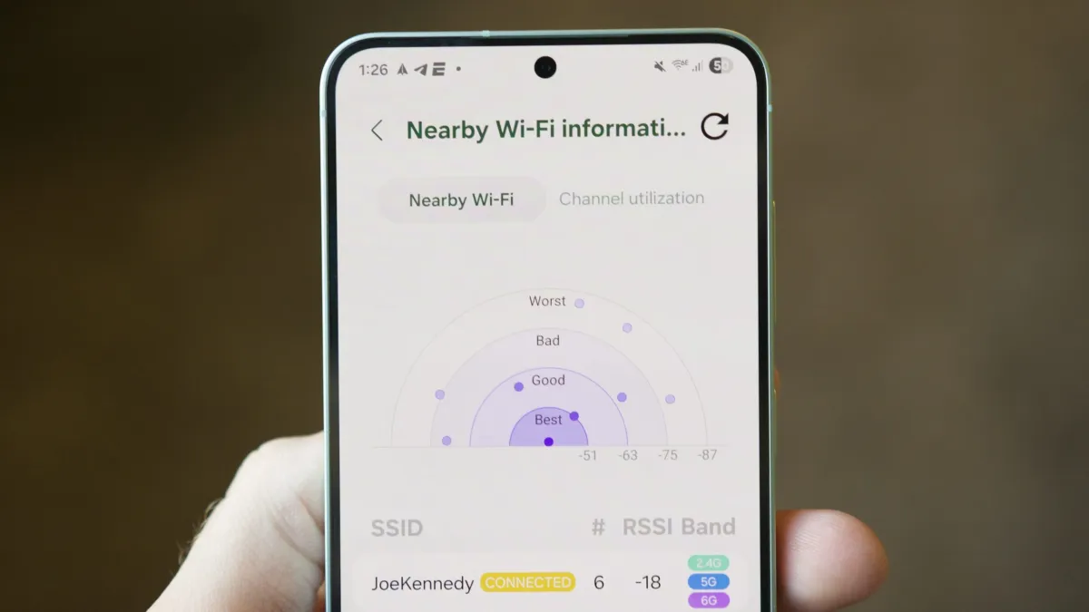 The Samsung Galaxy interface displays built-in spatial measurement, document scanning, and network mapping utilities.