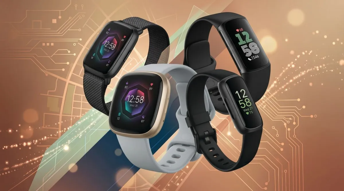 Fitbit fitness trackers and smartwatches are arranged for a Best Buy Father's Day promotional display.