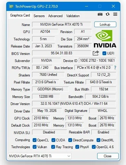 TechPowerUp GPU-Z version 2.70.0 interface highlighting kernel security updates