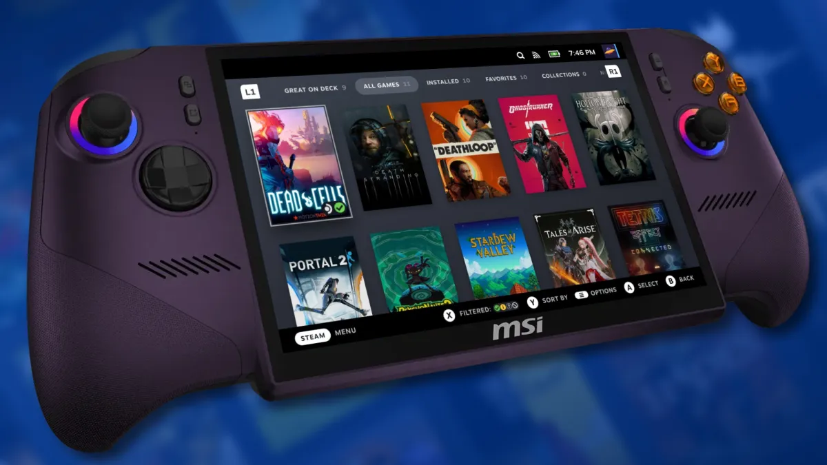 MSI Claw handheld device displaying the SteamOS beta user interface.