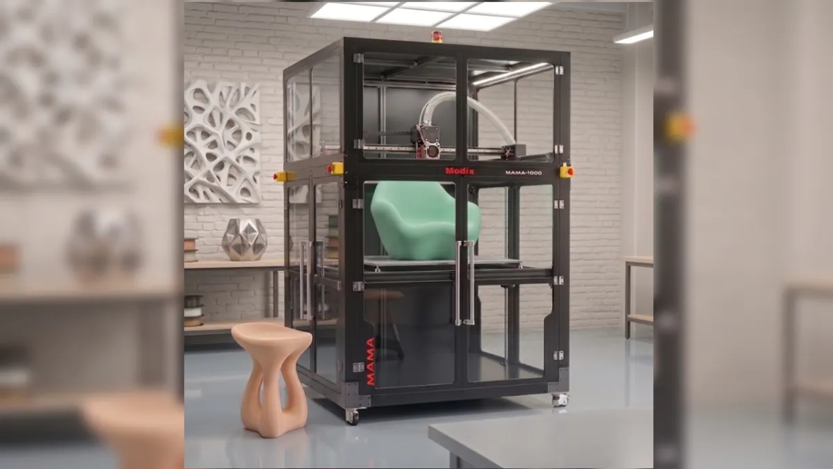 This fully enclosed Modix MAMA-1000 industrial pellet 3D printer features a cubic meter build volume and Pulsar print head.