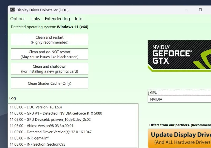 The Display Driver Uninstaller window displays options for removing GPU drivers.