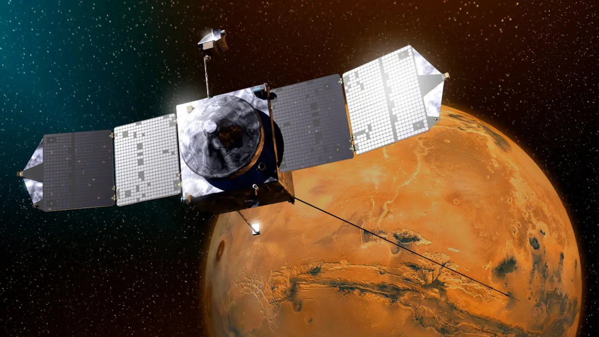 MAVEN spacecraft orbits Mars while analyzing atmospheric loss and solar wind interactions over its eleven year mission.