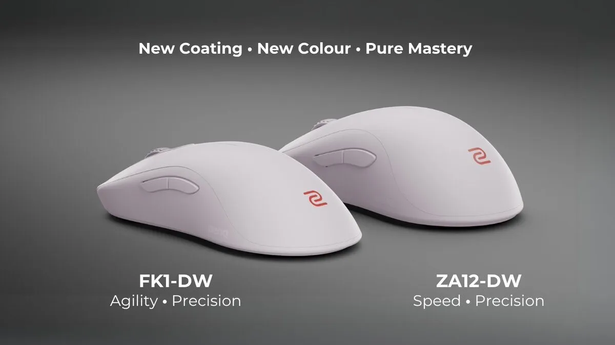 The Zowie FK1-DW and ZA12-DW wireless gaming mice are shown side by side.