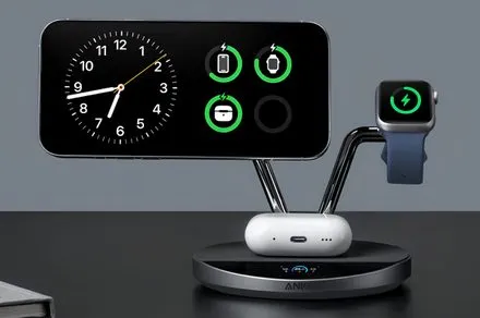 Anker Prime 3-in-1 magnetic wireless charger with TEC cooling and touchscreen display for iPhone, Watch, and AirPods.