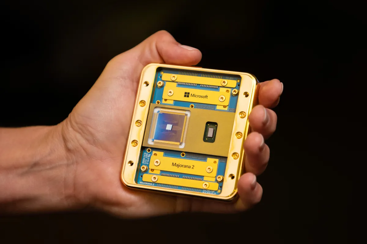 The Majorana 2 topological quantum chip features a specialized lead and indium material stack.
