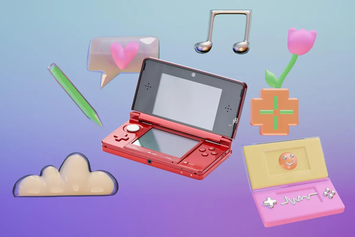 A Nintendo DS handheld console rests in its compact clamshell design.