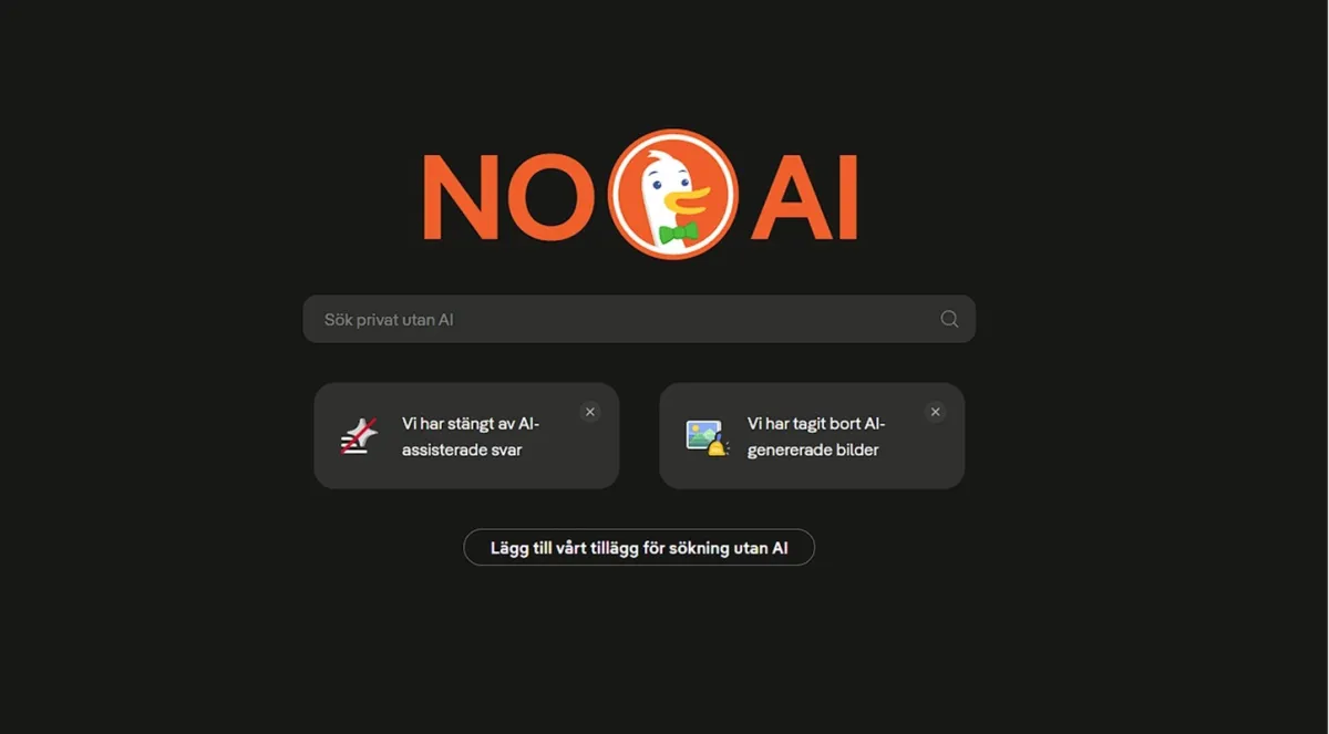 DuckDuckGo browser extension interface for accessing AI-free search results