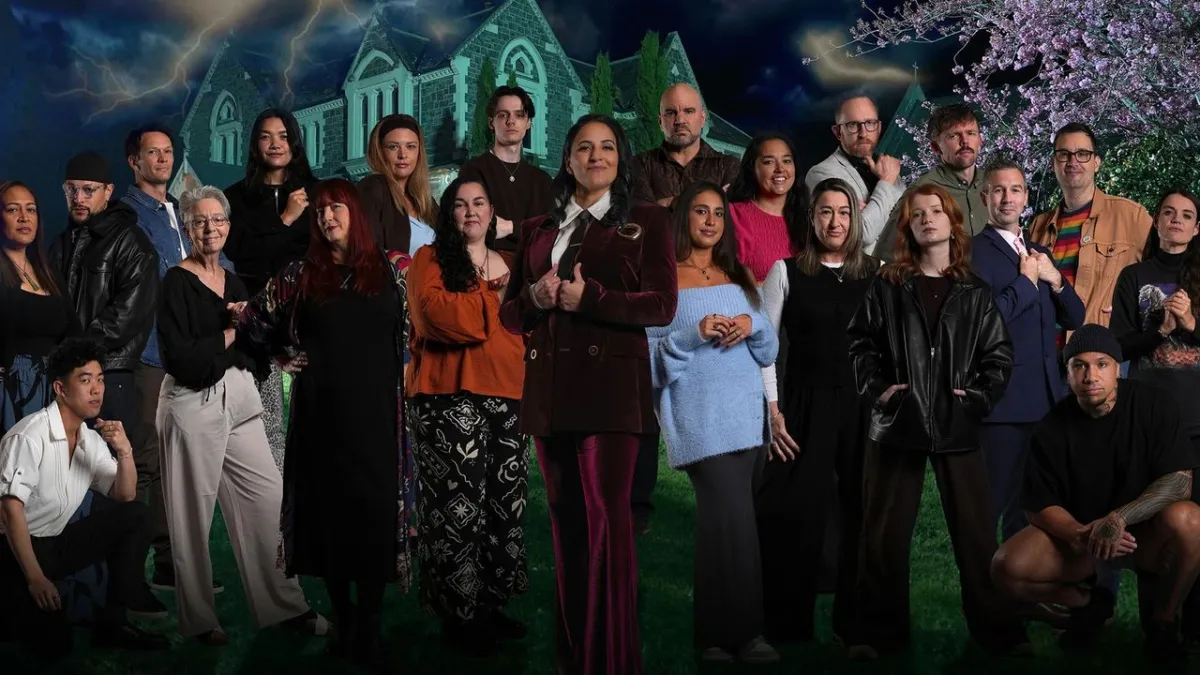 Promotional artwork for The Traitors New Zealand Season 3 features the main cast and title.