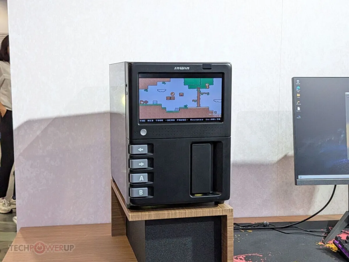 The InWin GX-285 chassis displays a front-mounted 10.1-inch LCD and arcade controls at Computex 2026.