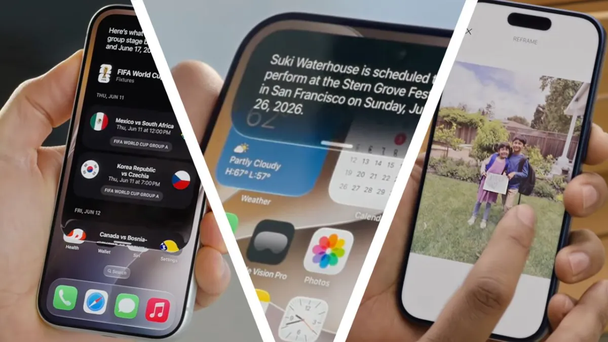 The iOS 27 interface displays the Liquid Glass opacity slider and updated Siri assistant on an iPhone screen.