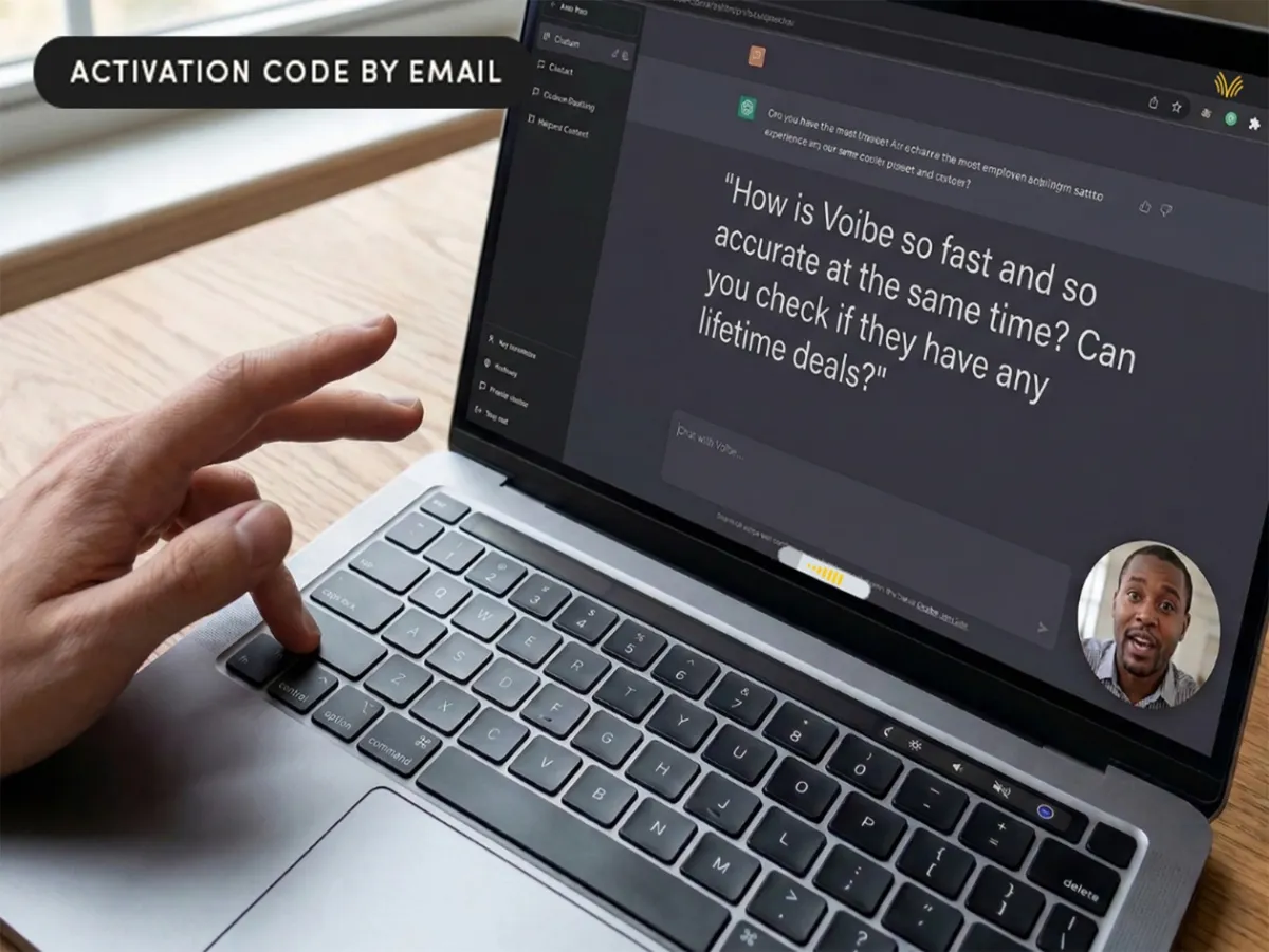 The Voibe software interface displays offline voice transcription controls for Mac users.