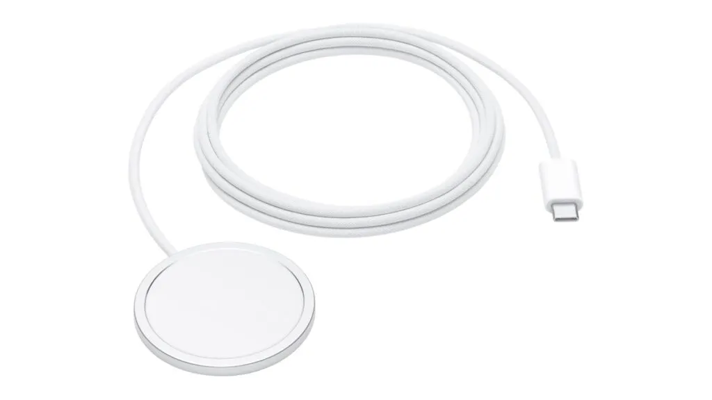 Apple MagSafe charger with a 2 meter cable resting on a charging pad