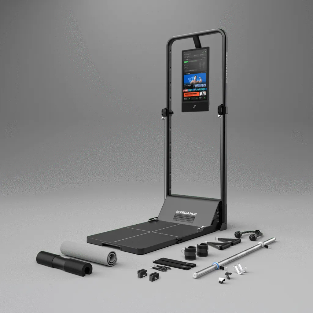 Compact home gym setup featuring multi-functional equipment and a digital fitness tracker in a small residential space.