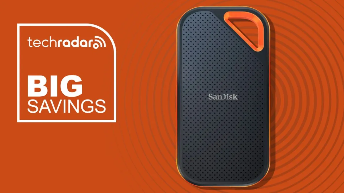 The SanDisk Extreme Pro portable solid state drive features a rugged black casing and a USB connector.