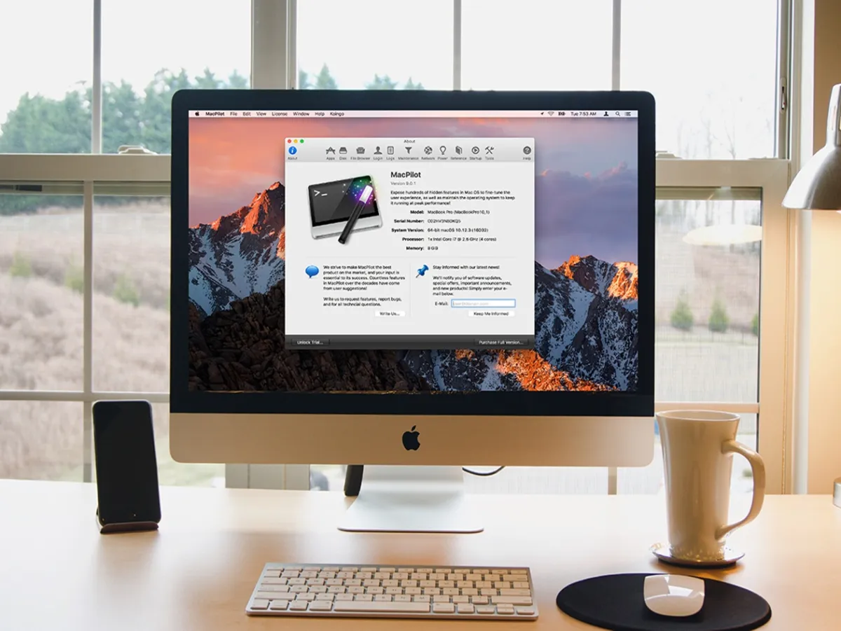 The MacPilot application window shows a list of hidden macOS system preferences and customization options.