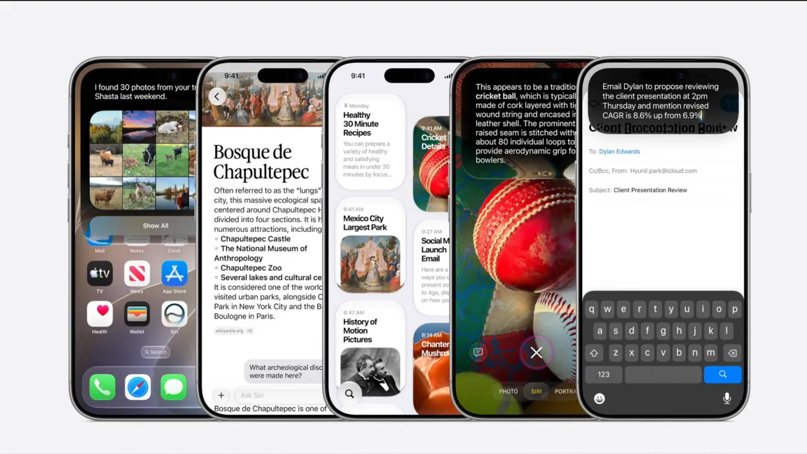 Siri AI interface graphic showcasing multi-step dialogue and on-device processing capabilities.
