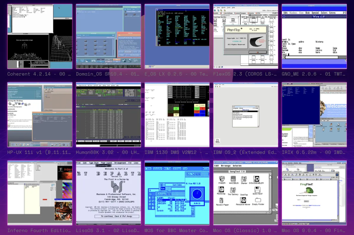 The Virtual OS Museum Archive interface displays a catalog of preserved operating systems and emulation tools.